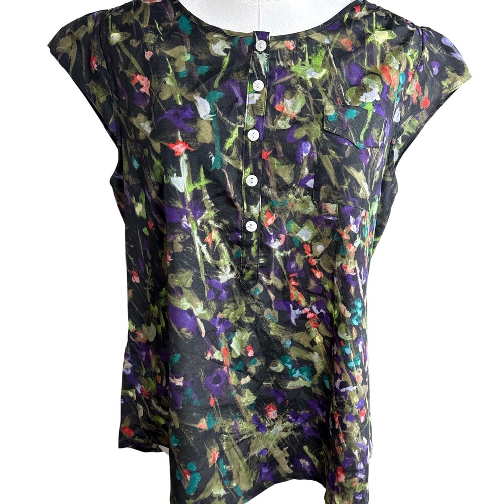 J.Crew Womens Floral Abstract Henley Blouse Cap Sleeve Elastic Back 53321 M